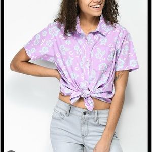 Empyre Hilo Floral Tie Front Short Sleeve Button Up Shirt